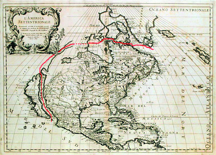 A map shows the water route through North America explorers hoped to find.